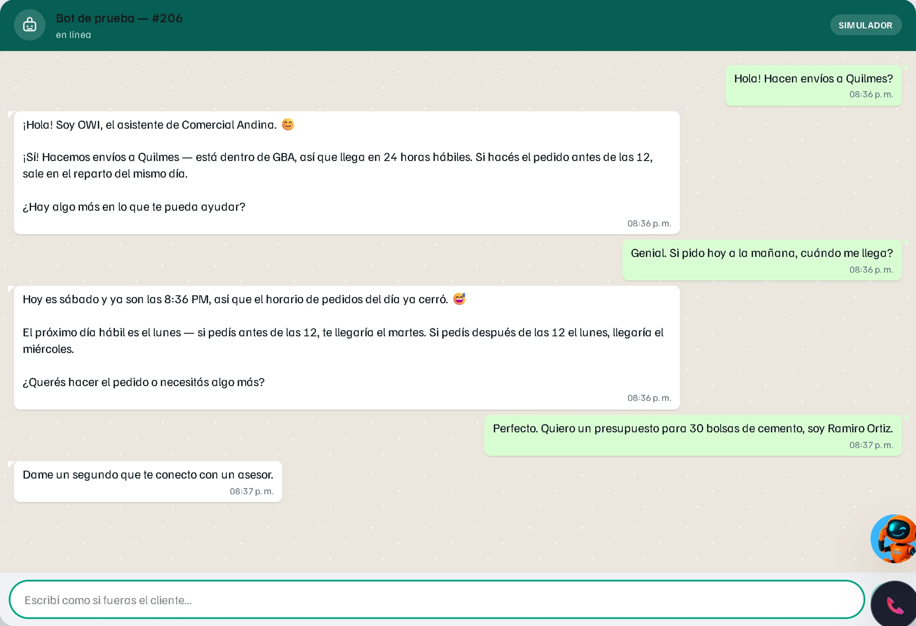 Vista de Agente IA con datos de demostración