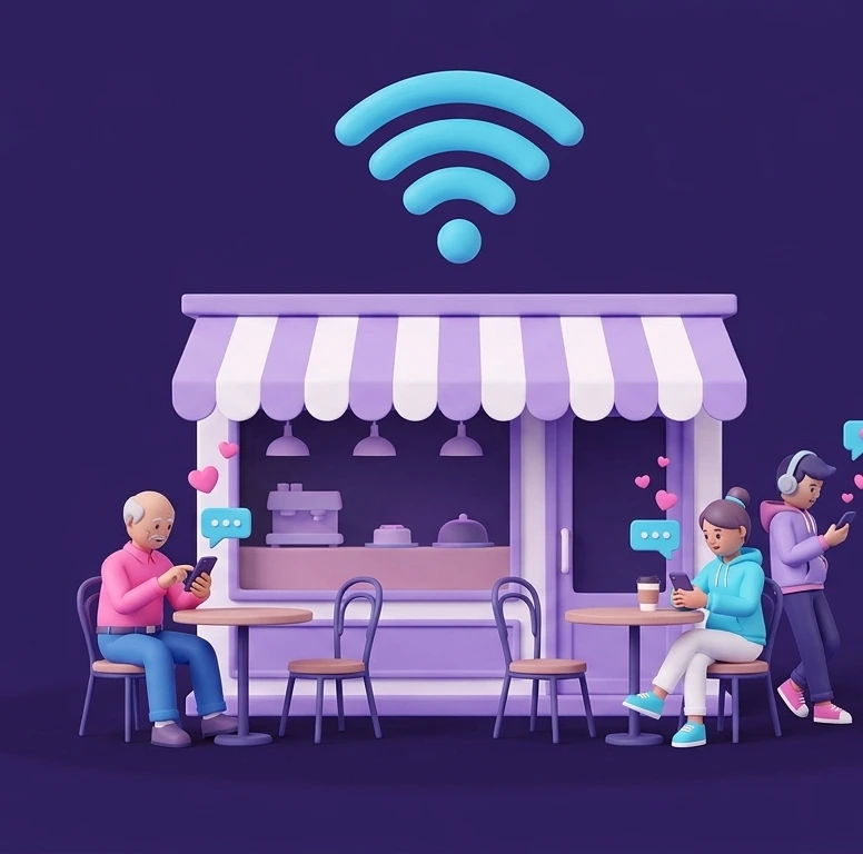 Original OWI illustration of café customers connected to WiFi